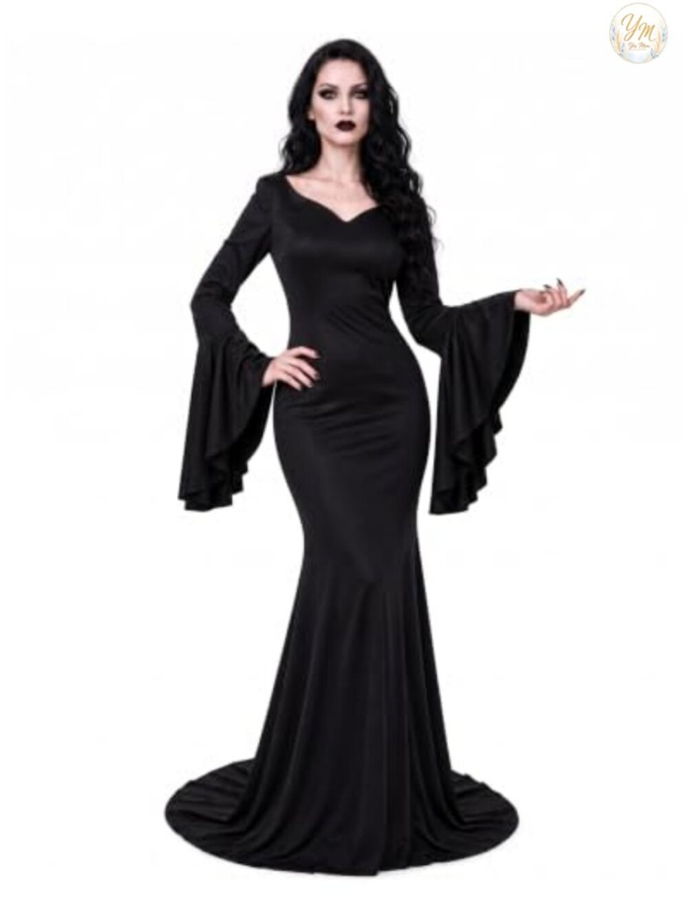 Gothic Maxi Dress Bell Sleeves V-Neck Vintage Halloween Costume